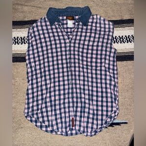 Vintage 90s Faded Glory plaid sleeveless collard shirt - women’s XL blue & pink